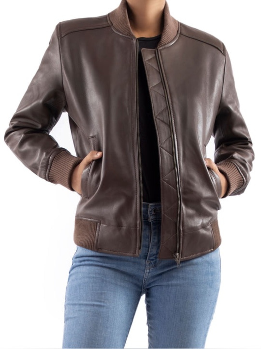 JILD Women’s Classic Baseball Brown Leather Bomber Jacket Size M